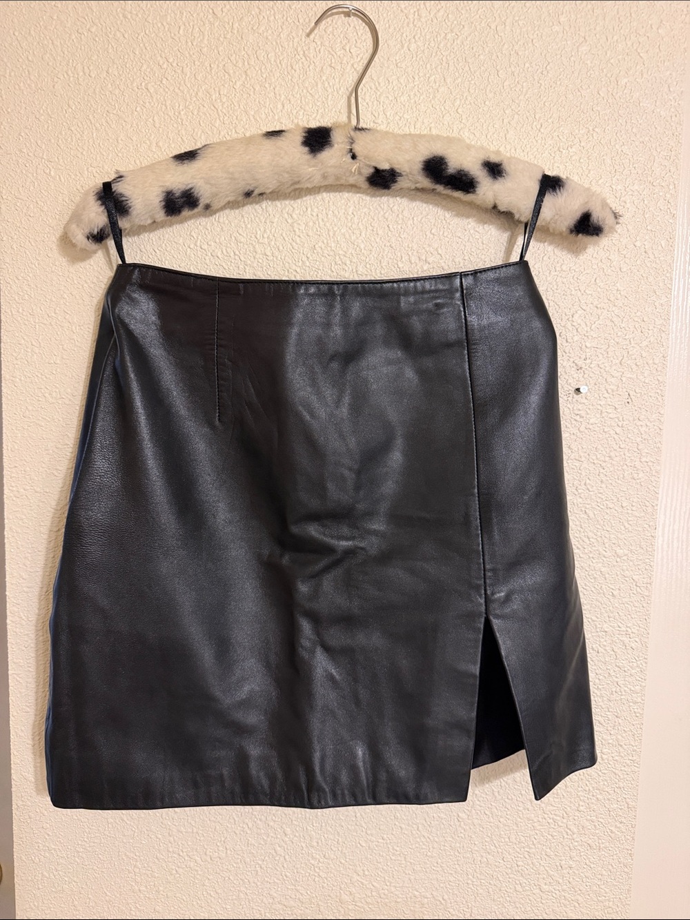 Hugo Buscati Black Leather Mini Skirt with Front Slit
